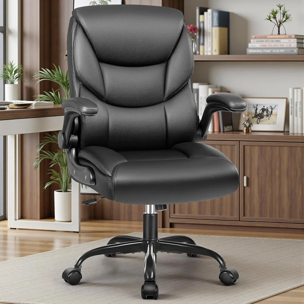 

pu leather executive office chair, ergonomic high-back computer & gaming chair with adjustable height, rolling swivel & flip-up