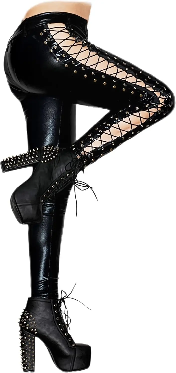 Women's Lace Up Faux Leather Leggings Gothic Bandage Skinny Leggings Hollow Out Tight Pants