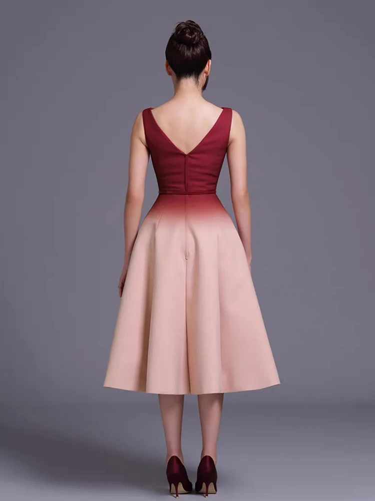 LISM moda mujer noche cuello redondo Patchwork contraste Color espalda satén manga elegante vestidos de fiesta 2025 primavera nuevo