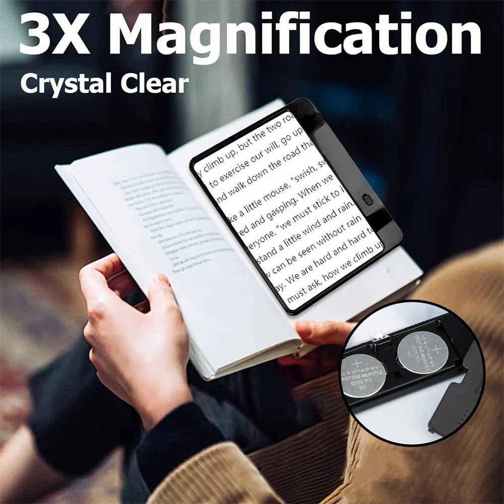 3X Reading Magnifier Large Full Page Magnifying Sheet with LED Lights Lightweight For Books Kids Seniors Reading