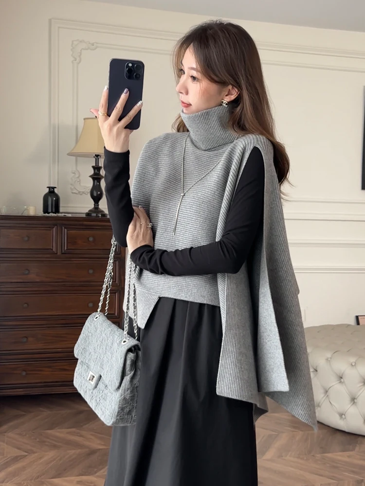 

Zhang ei Winter 2025 Knitted High Collar oulder Wrap ort ey Sweater Women's Faion Commute Sle No Button