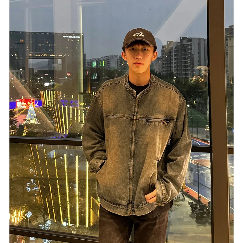 

Американская ретро-куртка из денима для мужчин, весенне-осенняя, оверсайз, в рабочем стиле, свободного кроя, с длинными рукавами, на молнии, молодежная