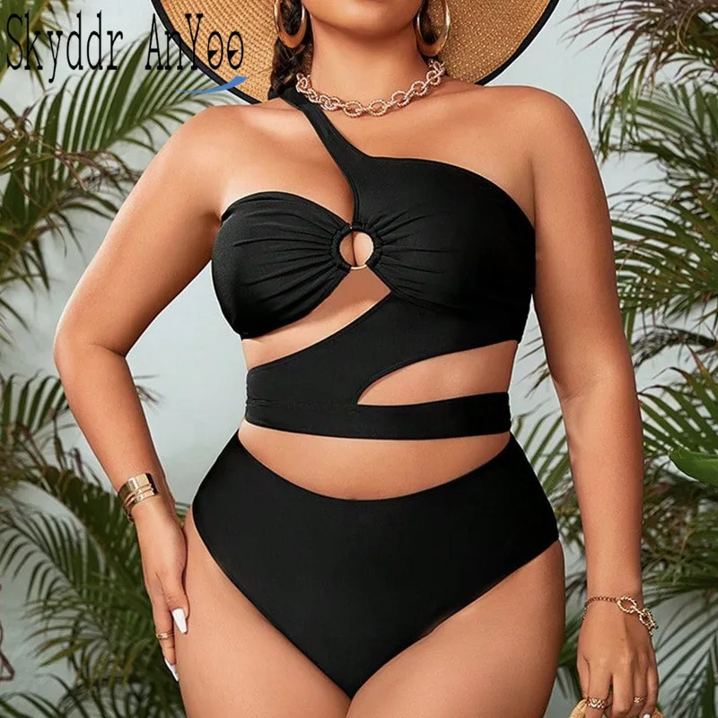 Traje de baño de talla grande para mujer, bañador Sexy con un hombro recortado, conjunto de Bikini con curvas, color negro, 2024