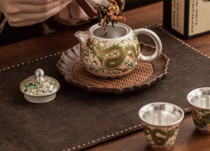 

Enamel colored silver tea set, silver pot teapot wedding gift