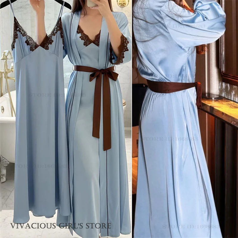 

Elegant Female Long Twinset Robe Set Nightgown Sexy Lace Trim Suspender Nightdress Lingerie Loose Silky Satin Sleepwear Homewear