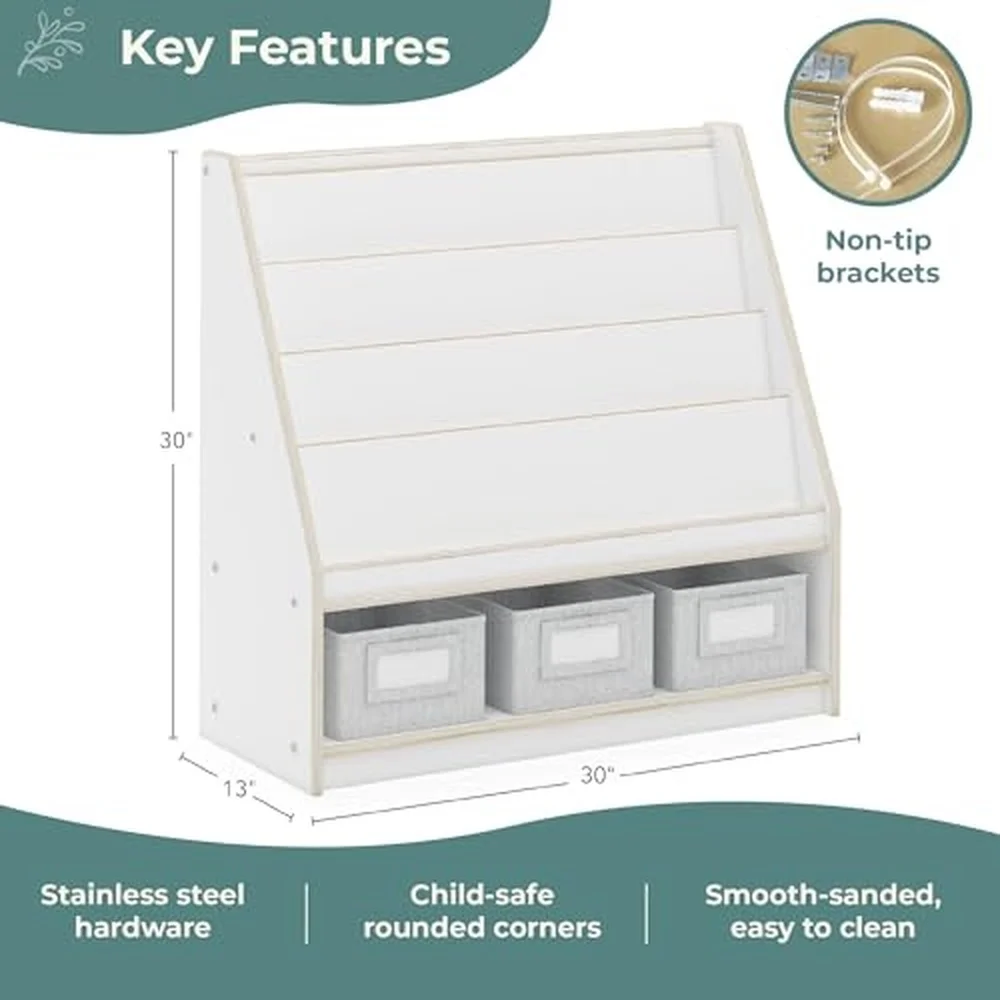 Guidecraft EdQ Book and Bin Display White with 3 Storage Bins: Wooden Kids Bookcase and Toy Storage Organizer