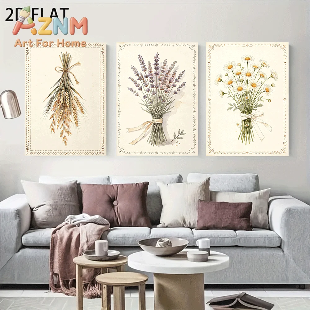AZNM Frameless Canvas Wall Art, Vintage Watercolor Wheat Lavender Daisy Bouquet Print, Retro Botanical Flower Art Poster for Liv