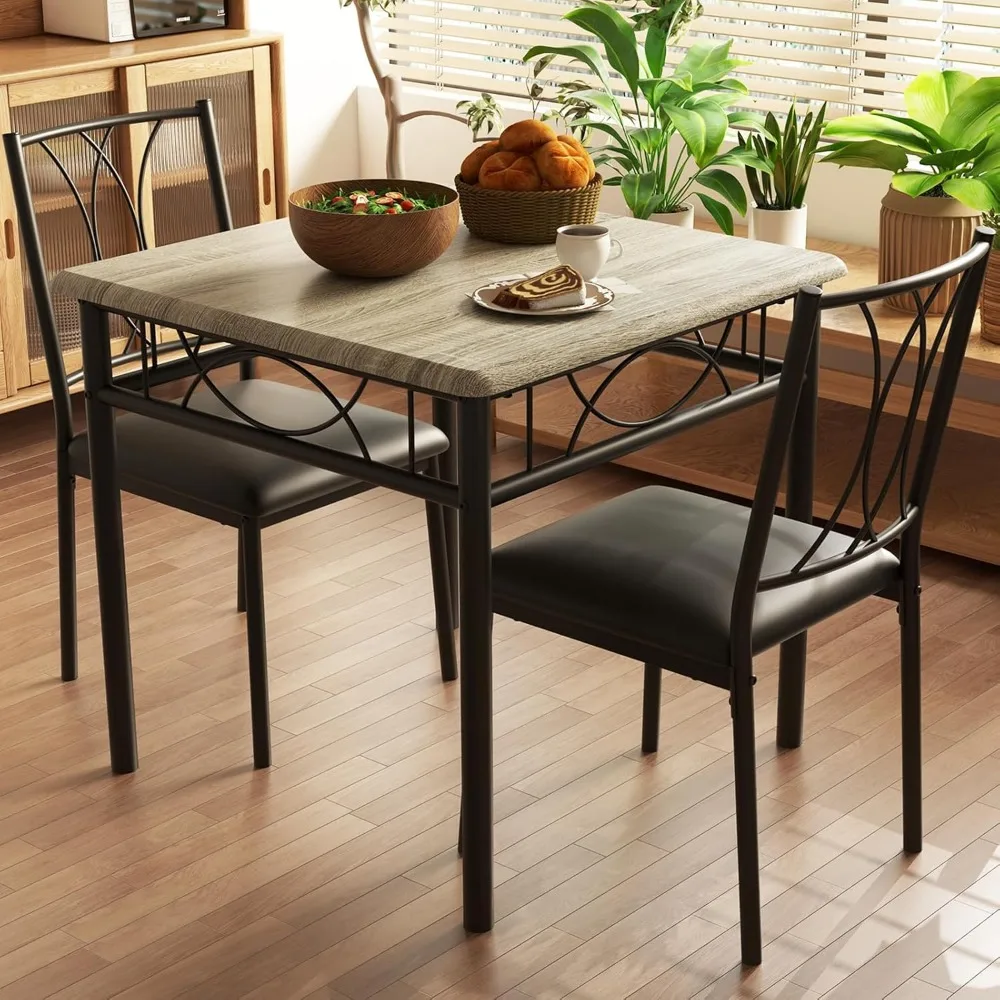 

3-Piece Dining Table Set for 2, Square Space-Saving Kitchen Table & 2 Upholstered Chairs for 2, Compact Apartment Kitchen