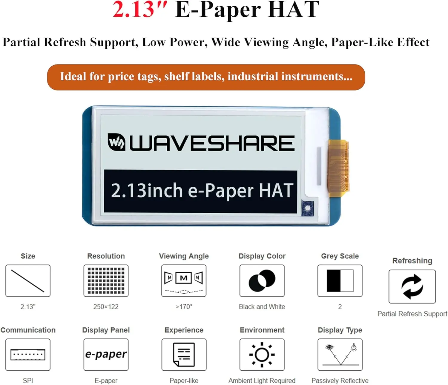 2.13 inch E-Ink Display HAT 250x122 Pixel SPI Interface E-Paper Module for Raspberry Pi 5/ 4B/3B+/3B/2B/A+/Zero 2 W/Jetson Nano