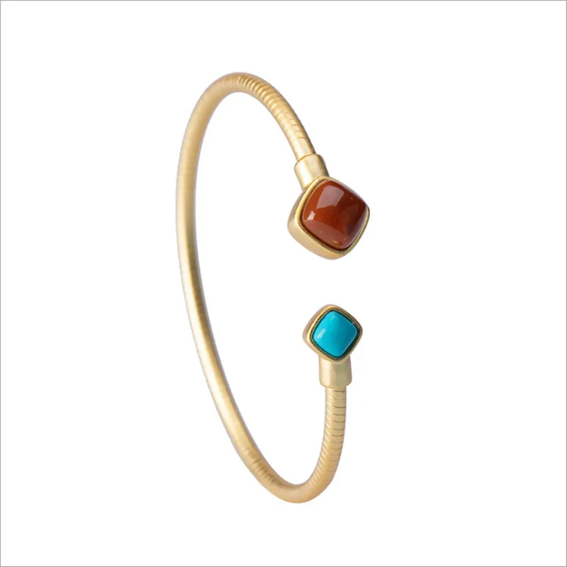 

Uglyless Asymmetric Square Agate Turquoise Bangles for Women Natural Gemstones Bangles 925 Silver Twist Gold Jewelry