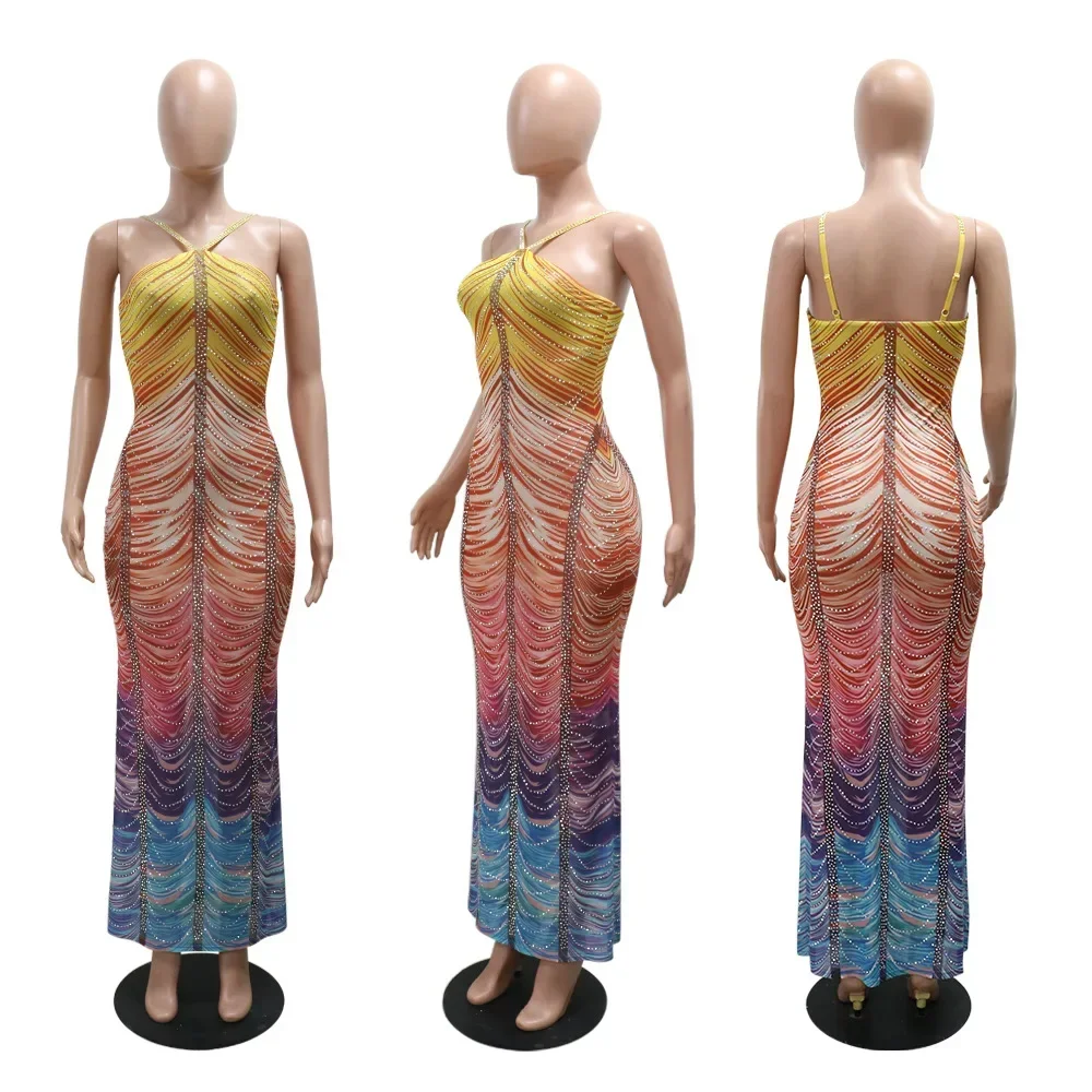 2024 Beach Tie Dye Print Diamonds Strap Halter Women\'s Long Dress Sexy Night Party Sleeveless Bodycon Pencil Dresses