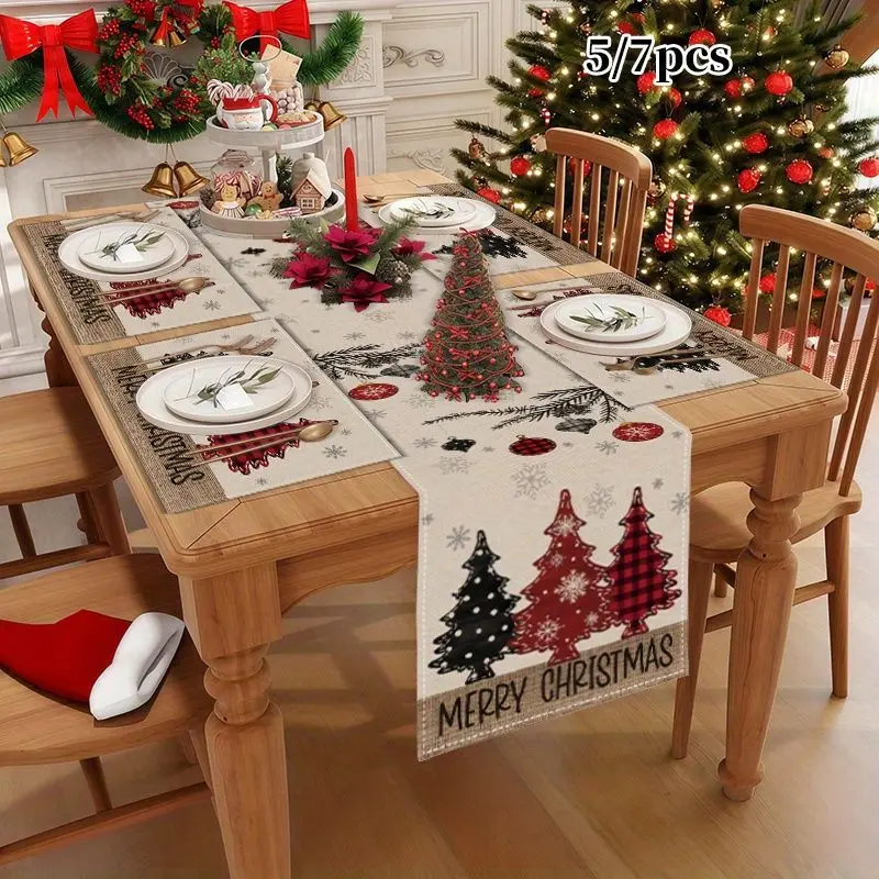 American Country Christmas Table Runner Placemats Set Waterproof Non Slip Washable Kitchen Dining Holiday Table Mat