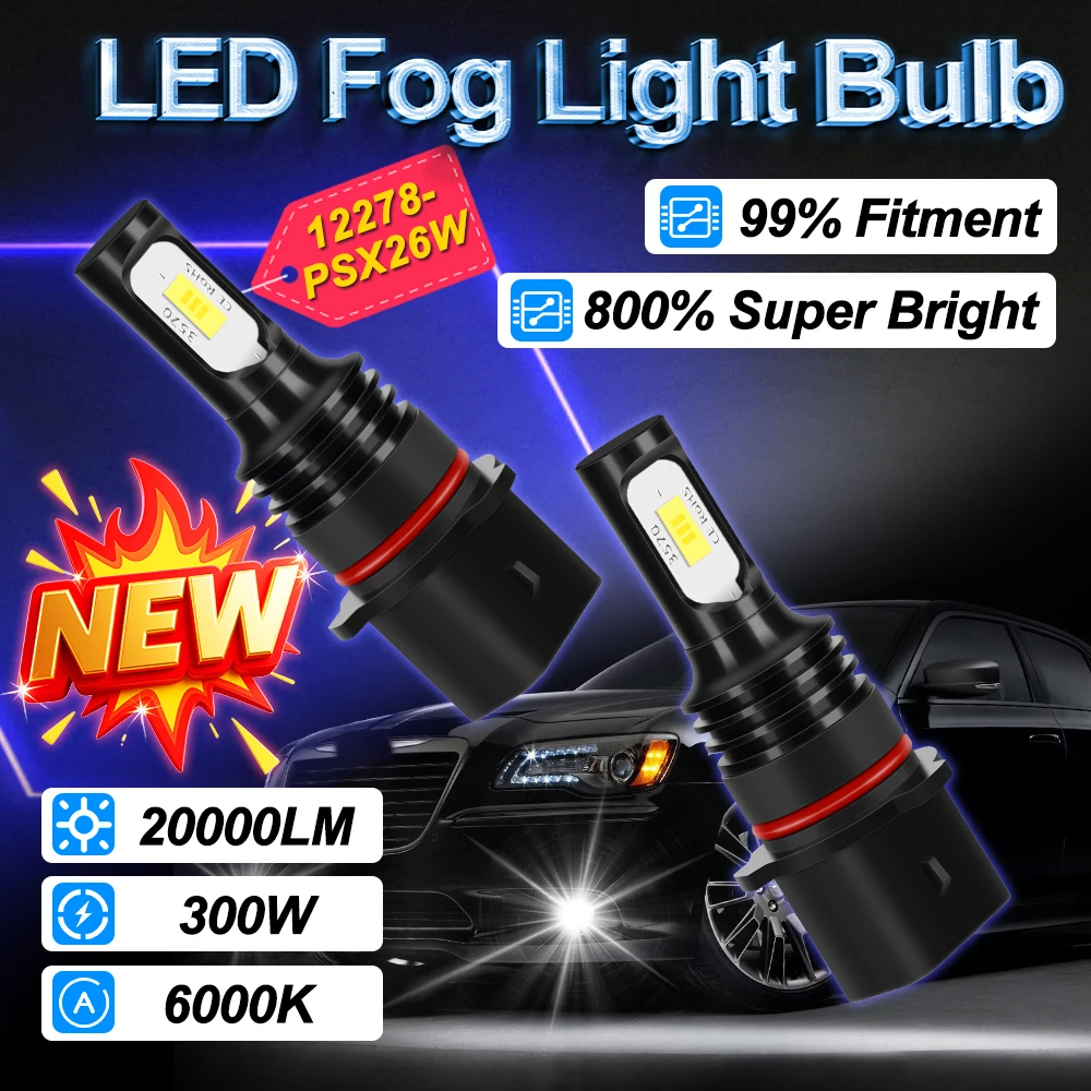 2X 12278-PSX26W 300W Car LED Fog Lights Ampoules 6000K White Auto Fog Lamps 20000LM Plug And Play Easy To Install Mini Light