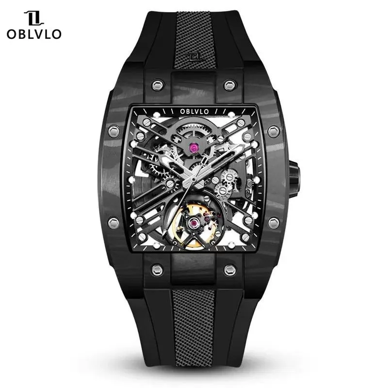 Oblvlo For Men Watch Skeleton Automatic Mechanical Wristwatch Carbon Fiber Tonneau Case Male Clock 64 Hours Power Reserve Reloj