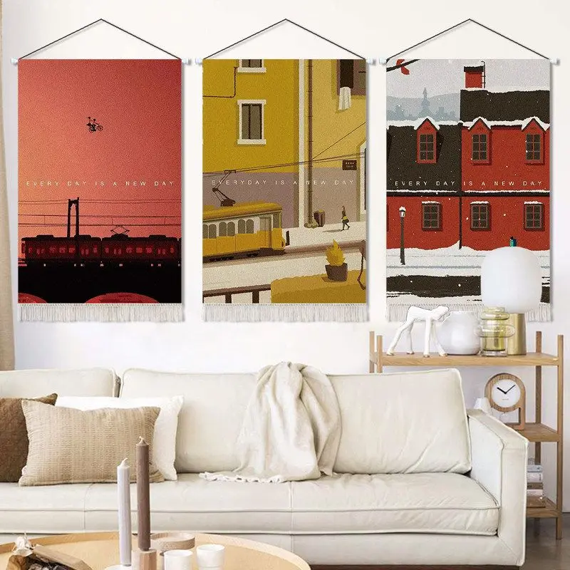 VIKAMA City Street Scene Tapestry Train Tram Quote Illustration Linen Wall Hanging Bedroom Dorm Living Room Home Decor Soft Cozy