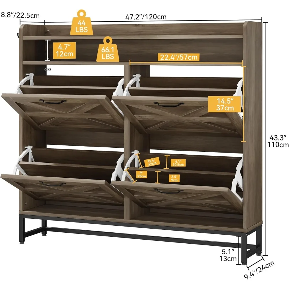 Farmhouse Shoe Storage Cabinet with 4 Flip Drawers for 24 Pairs, Stable and Sturdy, Hassle-free Assembly, Shoe Rack