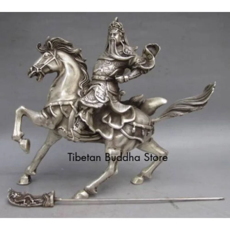 

Chinese Collectable Tibet Silver Warrior God Guan Yu & Horse Statue 22768