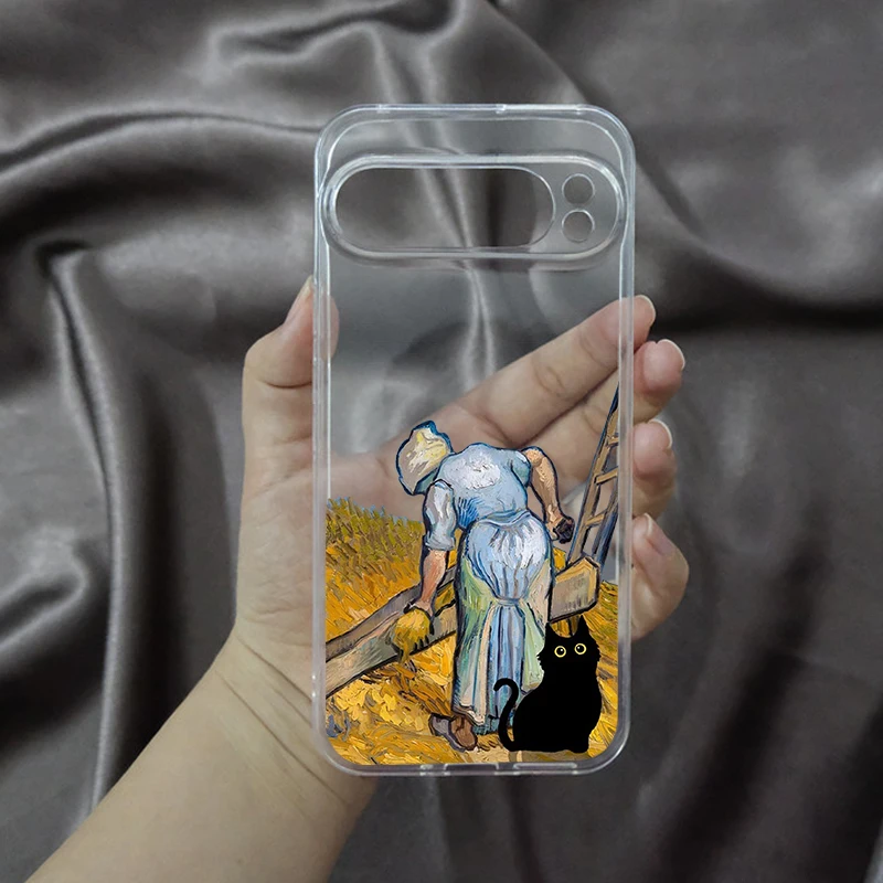 Phone Case for Google Pixel 9 9Pro XL 8A 7a 6 6a 5G 7 Pro 8 8Pro Case Cute Retro Oil Painting Van-Gogh Cat Clear Fundas Skin