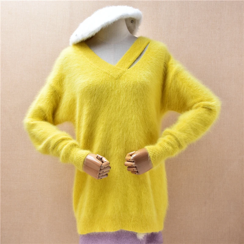

Ladies Women Autumn Winter Fashion Hairy Mink Cashmere Knitted V-Neck Long Sleeves Slim Blouses Pullover Angora Sweater Jumper