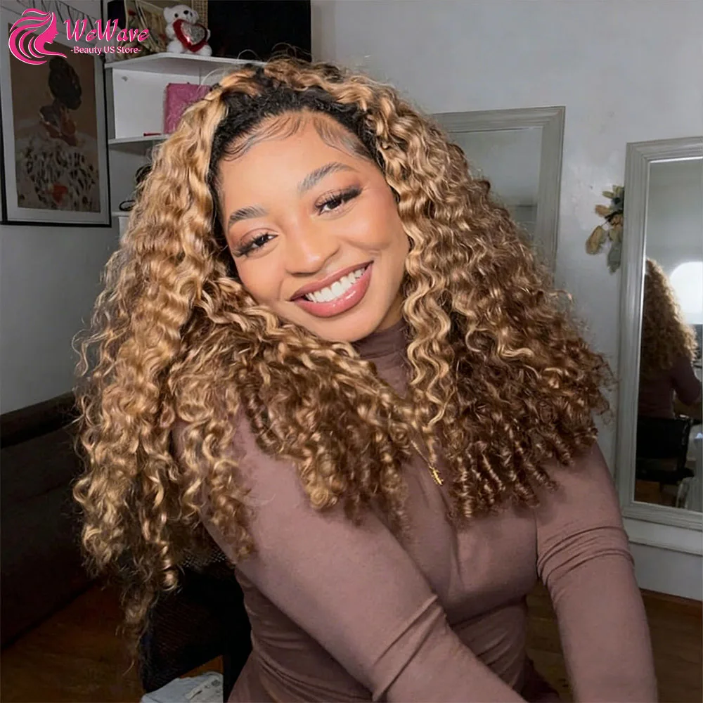 

200% Density Highlight Burmese Curly Half Wig Human Hair Drawstring Flip Over Glueless Wear and Go 3 In 1 Headband Wig For Women