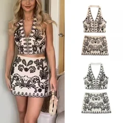 Embroidered Mini Skirts Sets for Women 2 Pieces 2024 New Fashion Halter Crop Top Women Suit Two Piece Set Women Outfit