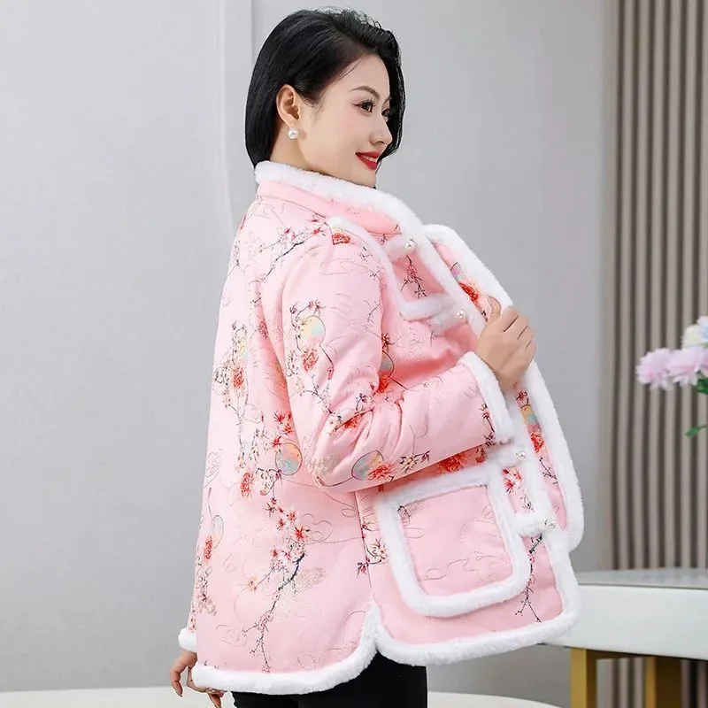 New Chinese Style Winter Plush Jacket Women Retro Ethnic Large Size Embroider Stand Collar Fleece Cotton Coat Outwear Ladies 6XL