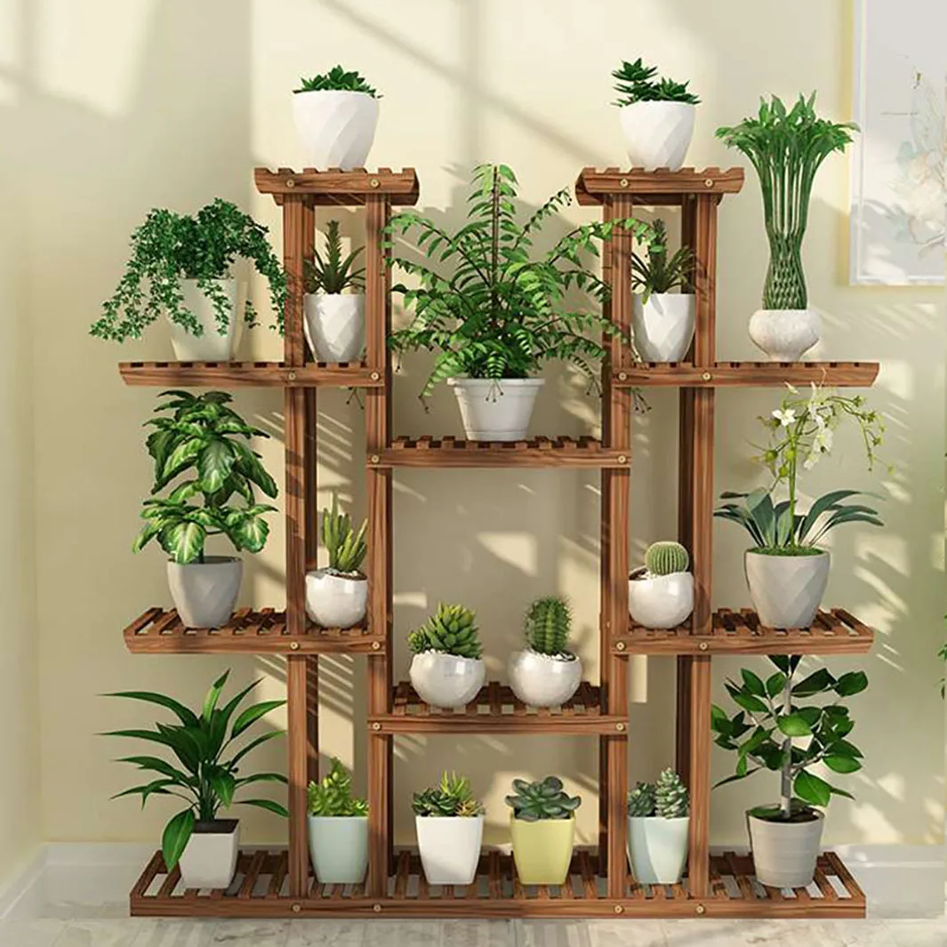 Large 11 Tiered Wood Plant Stand Carbonized High Widen Pot Shelf Holder Flower Shop Office Garden Indoor Outdoor