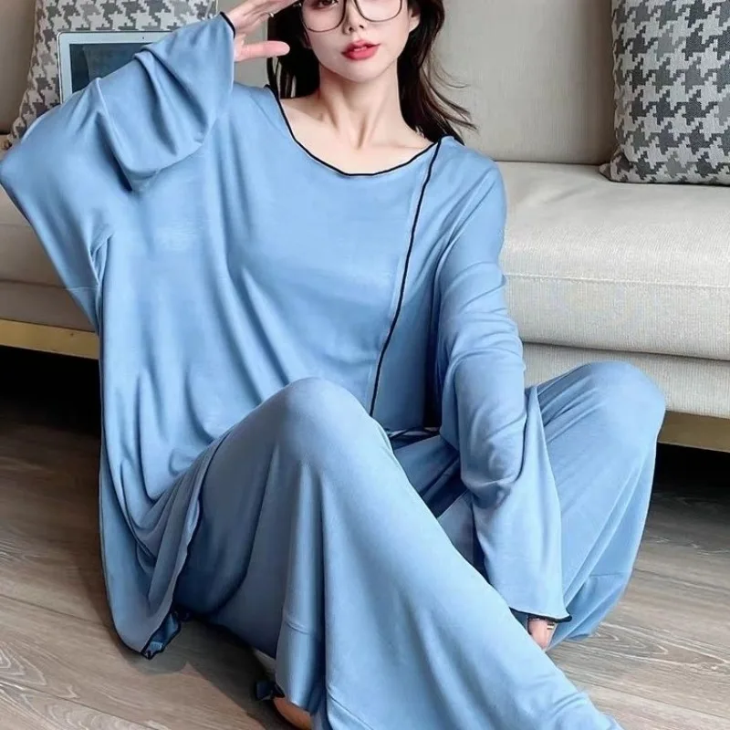 Large Size Pajamas Female Autumn Fat Mm Loose Casual Simple Black High Appearance Level Home Wear Set Slimming Loungewear Women