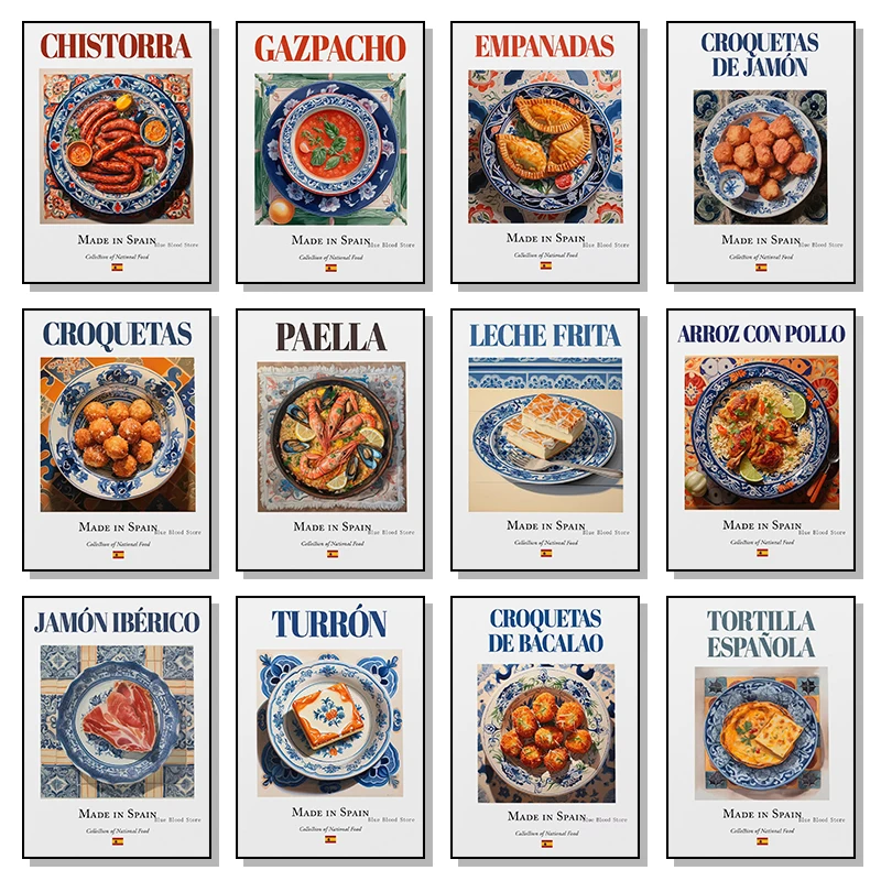 Póster de comida nacional tradicional española, Paella, Patatas, Bravas, Tortilla, Vintage, delicioso, lienzo colorido, imagen artística, decoración del hogar