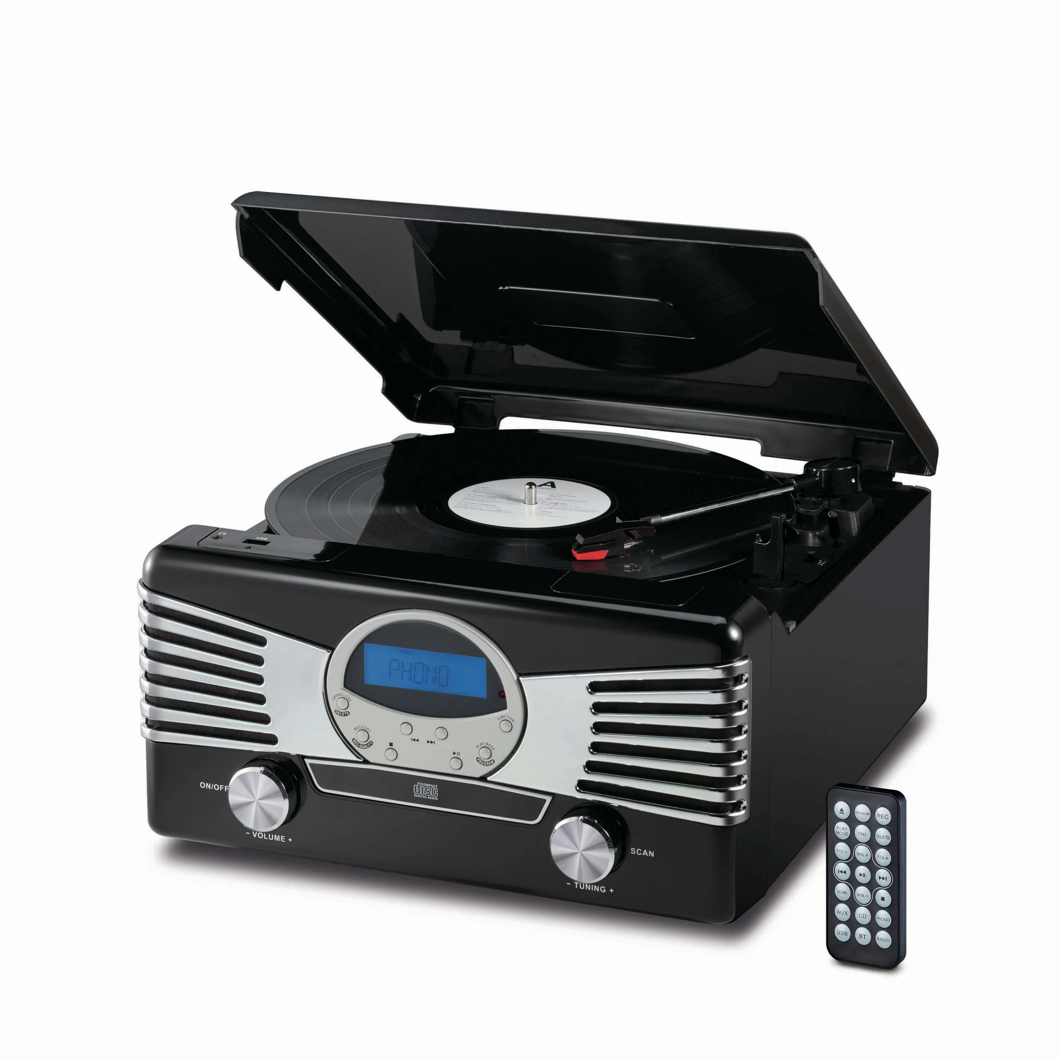 

Vinyl Turntable Record Player MP3 Cassette Tape AM FM Radio CD With Built-in Stereo Speakers