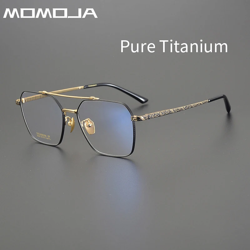 MOMOJA 2024 New Trendy Men's Pure Titanium Eyewear Frame Retro Double Beam Optical Big Face Slimming Prescription Glasses 91010