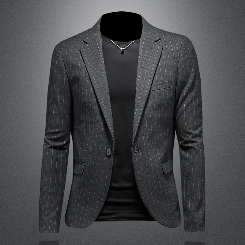 

Spring Autumn Men's Slim Fit Casual Stripe Suit Jaet Faionable Briti Sle Single Piece West Coat Comfortable Cotton Blend