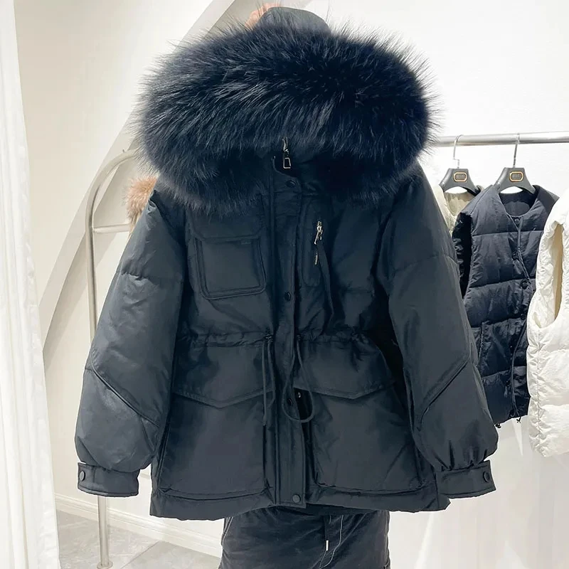 2023 New Winter Women Warm Hooded Big Real Fur Collar White Duck Down Big Pocket Thicken Coat Korean Version Parker Down Jacket