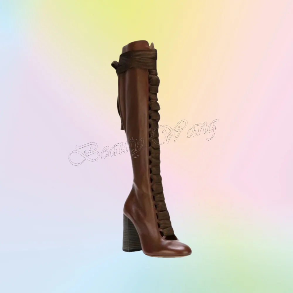 

Brown Front Cross Tied Square Heel Boots Lace up Knee High Shoes for Women Cover Toe Wedding Shoes 2025 Zapatillas Mujer