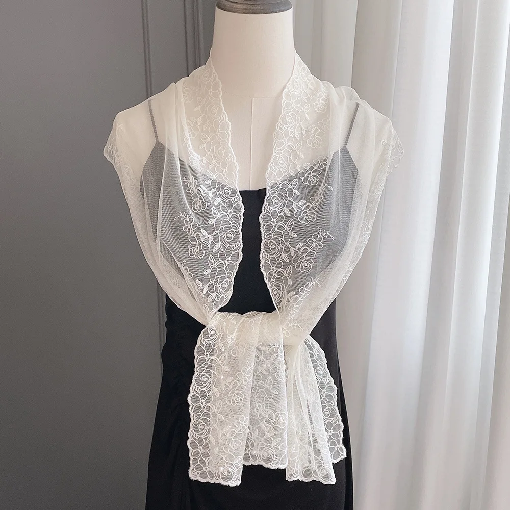 

Элегантный широкий шарф с вышивкой, кружевной лентой, темпераментный жемчужный шарф, весенне-осенний декоративный шелковый шарф на тонких плечах для женщин