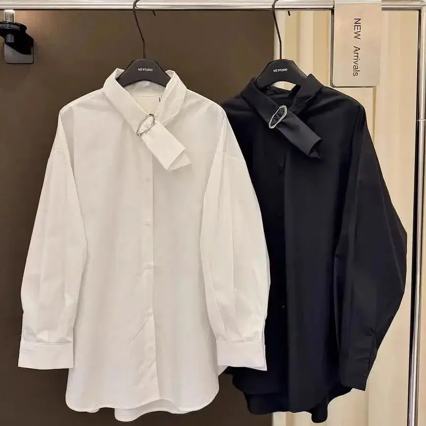 

Новинка 2026 года, весенние черно-белые элегантные хлопковые рубашки и блузки для женщин, топ с длинными рукавами, Blusas, женская свободная повседневная рубашка, топ