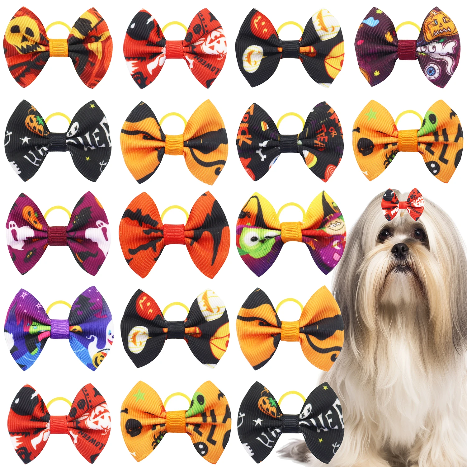 50/100Pcs Halloween Dog Hair Bows Yorkshire Dog Grooming Accessories Pets Puppy Bowknots With Rubber Bands Dog Hair Topknots