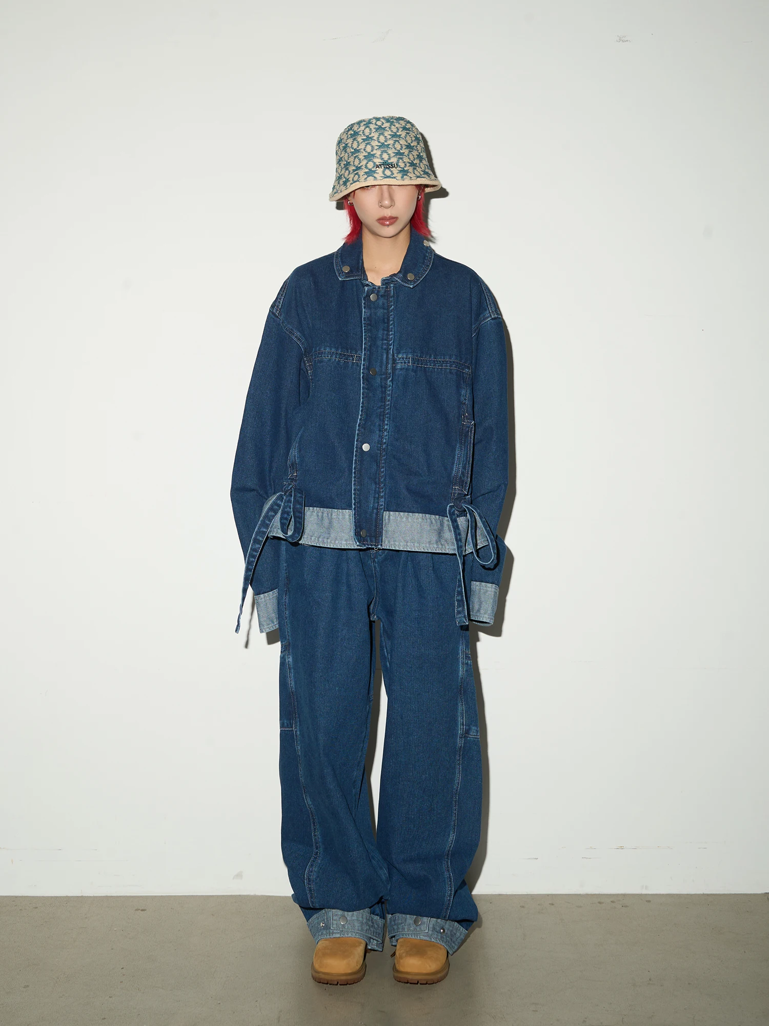

MICHINNYON Waed Denim Jaet with Dstring Hem And Cuffed Pants Street Sle Loose Fit Cotton Polyester Blend ort Coat