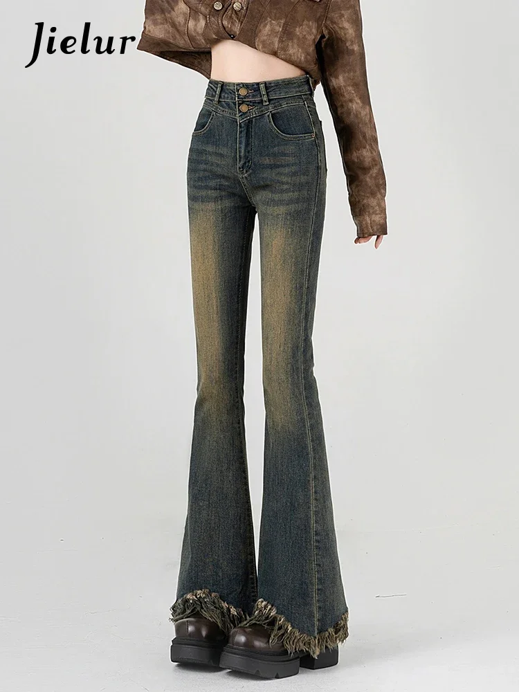 

Jielur Tassel Slim Slight Stretch Female Jeans Fashion Vintage High Waist New Tight Hip Flare Pants Casual Chic Women's Jeans
