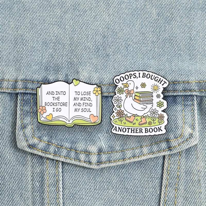 Funny Bookworm Enamel Pins Goose Book Stack Brooches Literary Quote Badges Floral Reading Bibliophile Jewelry Gift for Friends