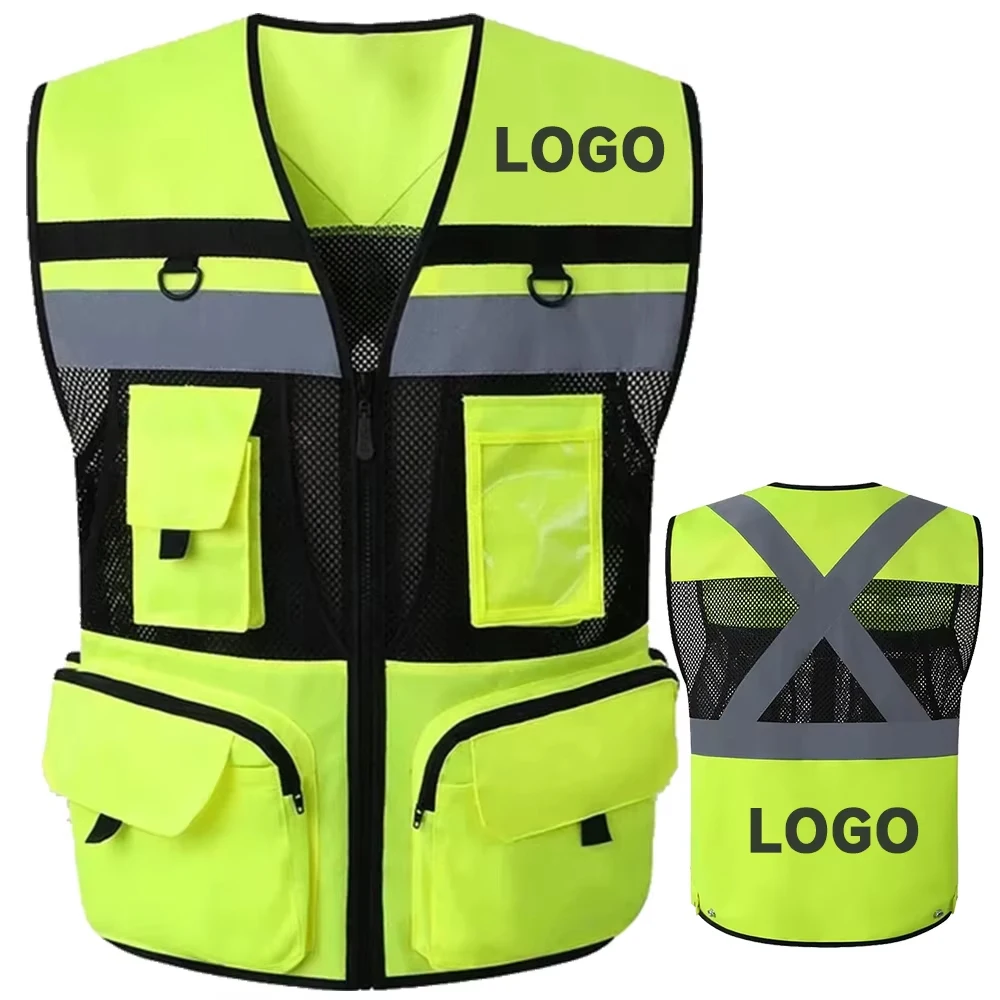 

Construction Vest Custom Logo Summer Mesh Work Clothes with Pockets Zipper Front Construction Traffic Hi Vis Workwear