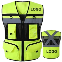 Construction Vest Custom Logo Summer Mesh Work Clothes with Pockets Zipper Front Construction Traffic Hi Vis Workwear