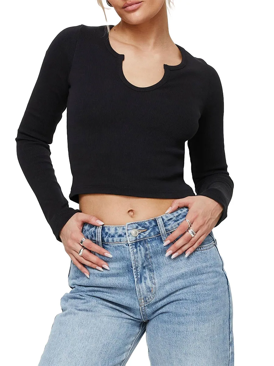 Women Ribbed Knit Crop Tops Fall Casual Tight Long Sleeve Shirt Solid Color Slim Fit Crew Neck Basic Tee Blouse