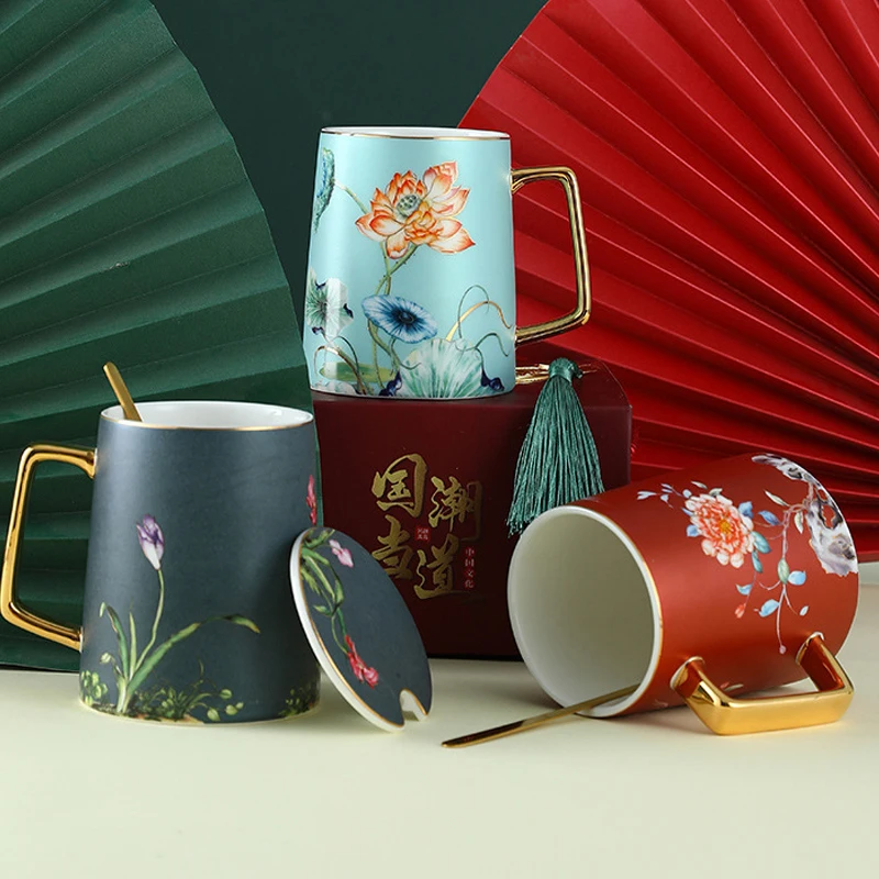 

Chinese Style Ceramic Mug With Flower Pattern Vintage Floral Tea Cups With Handles Best Gifts For New Year's Gifts Mother's Day