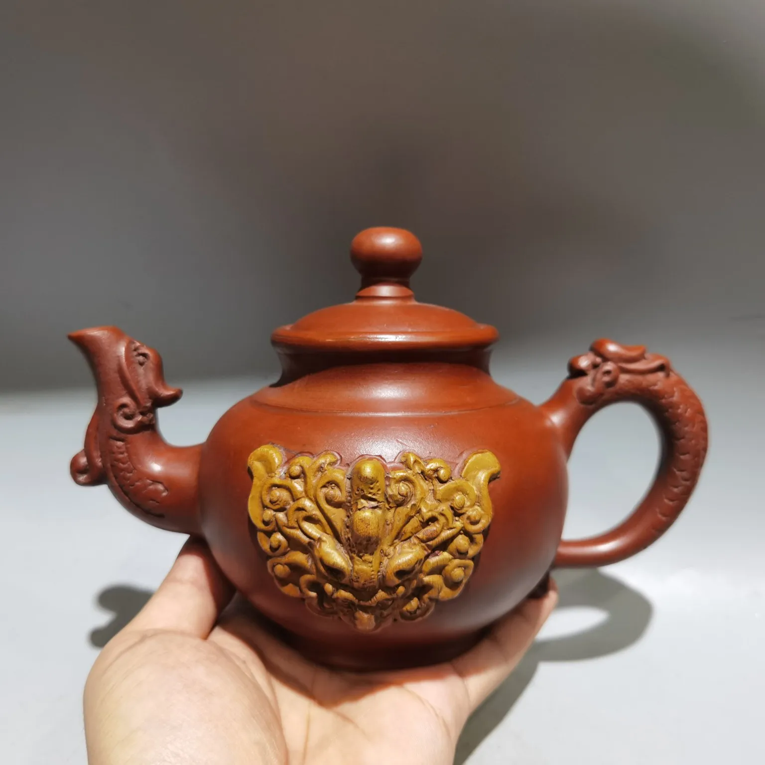 

8"Chinese Yixing Purple Clay teapot Dragon Handle Phoenix Mouth Pot Kettle Flagon Teapot Ornaments Gather fortune Town house