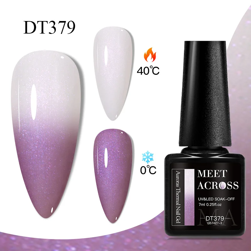 MEET ACROSS 7ml Aurora Thermal Gel Nail Polish Color Changing Nude Purple Glitter Long Lasting Manicure Nails Art Gel Varnish