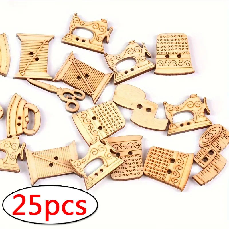 25pcs Wood-colored Wooden Buttons, Including Sewing Tools, Scissors, Tape Measures, and Other Craft Supplies random