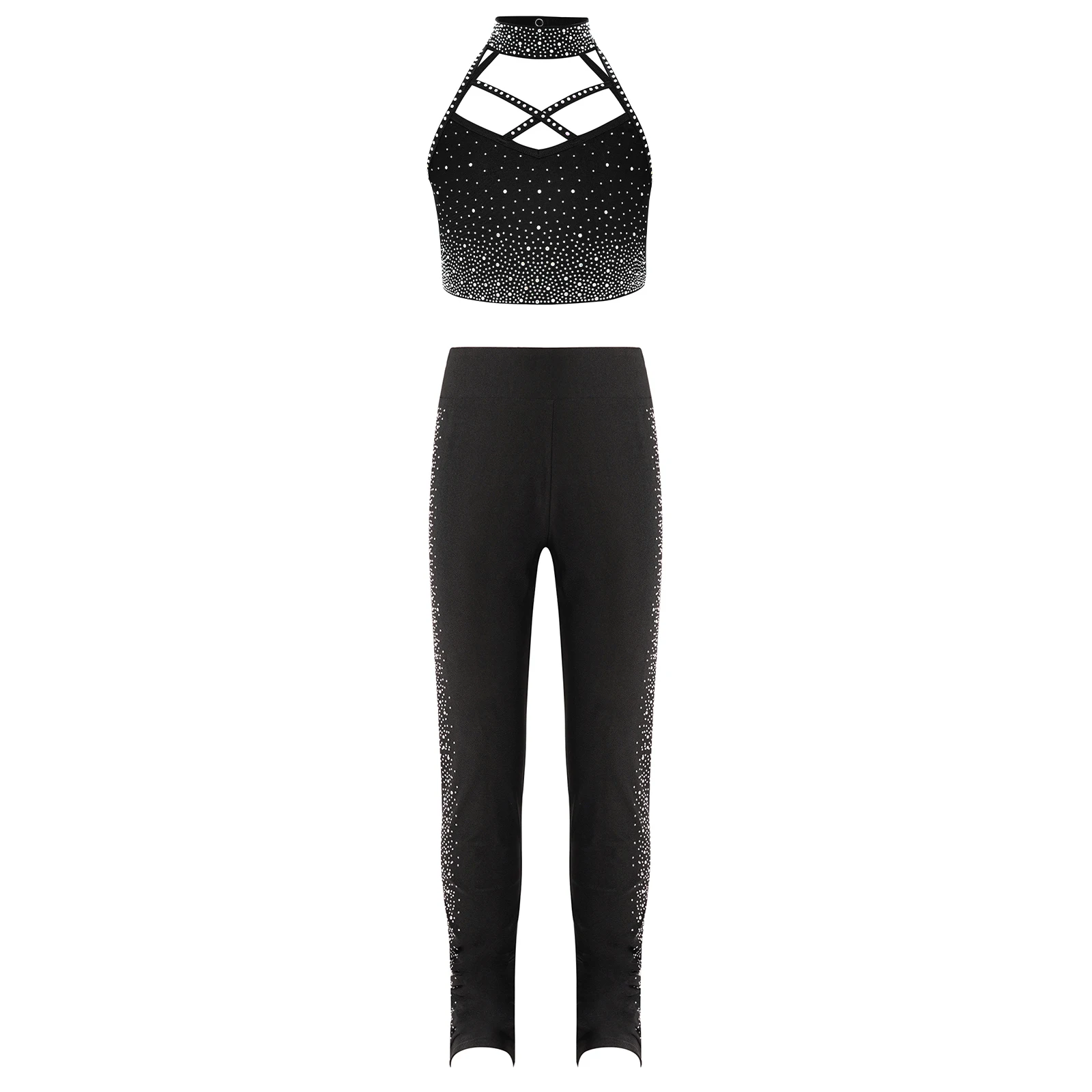 Kid Girls Figure Skating Gymnastics Dance Outfits Halter Sleeveless Shiny Rhinestone Crop Top with Leggings Ballet Dance Costume