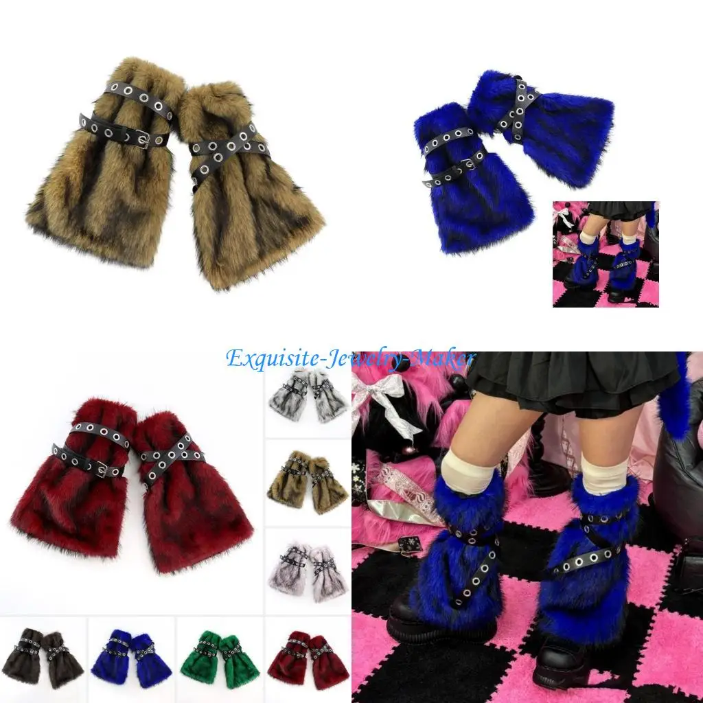 

24TF Harajuku Furry Boot Toppers for Women Gothic Leather Strap Fuzzy Leg Warmers