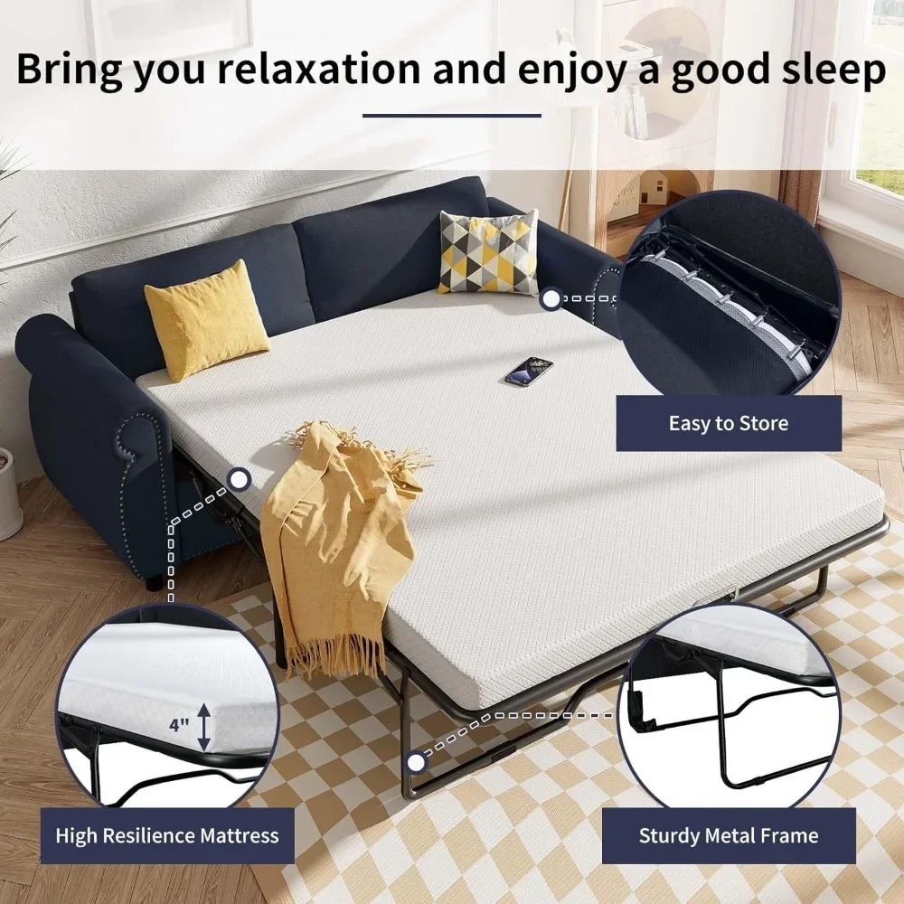 Zusammenklappbare Memory-Schaum-Matratze mit Nagelkopf-Armlehnen, 2-in-1-Schlafsofa, Schlafbett, volle Größe, Wohnzimmer, Gast